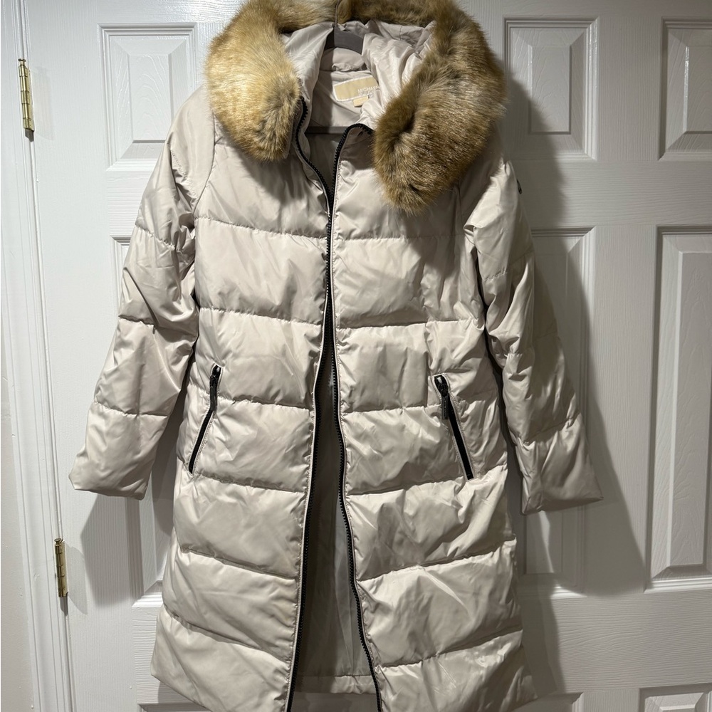 MICHAEL Michael Kors Cream Puffer Coat with Faux Fur hood